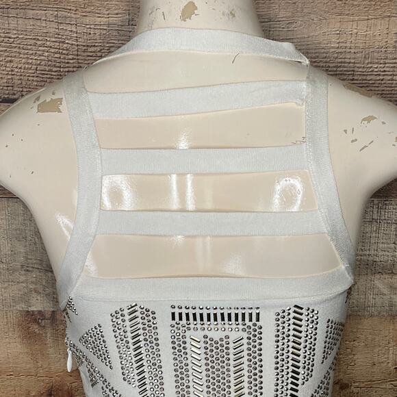 Bebe Alyssum Beaded Bodycon Sleeveless Mini Dress Cutout Silver White Size Small - Picture 6 of 11